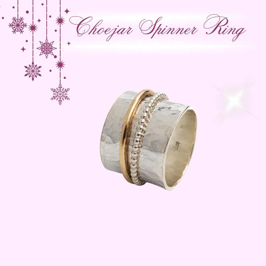 Sterling silver Choejar spinner ring hammered finish with gold spinner meditation ring Dublin handmade