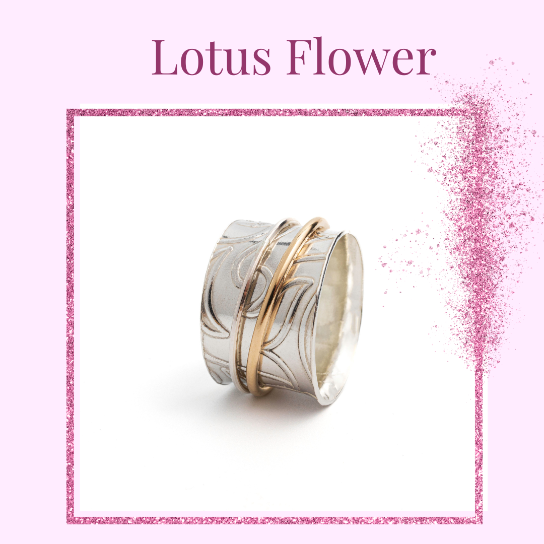 sterling silver handmade lotus flower spinner ring with pink frame