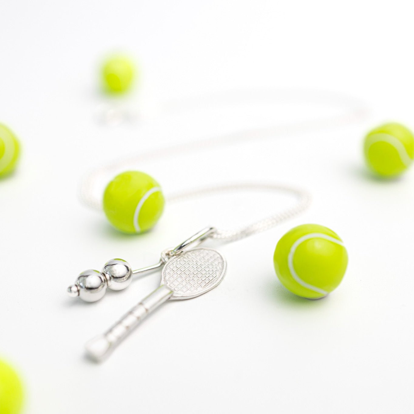 Tennis racket pendant necklace sterling silver with tennis balls decoration