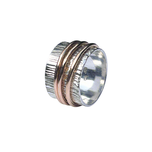 Sterling silver Burren spinner ring with karst landscape texture meditation ring Dublin handmade three gold filled spinners