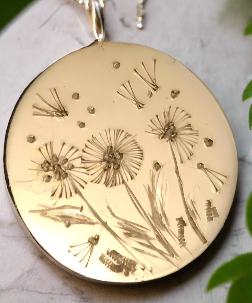 sterling silver hand engraved dandelion pendant necklace puff ball