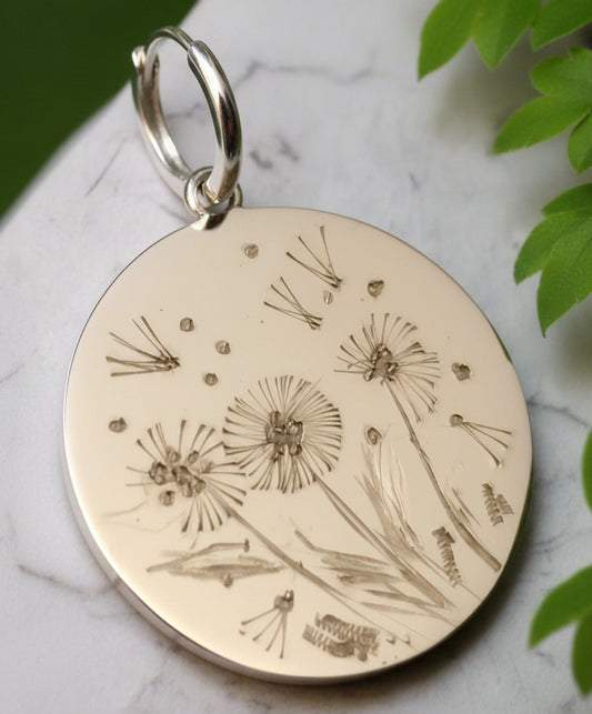 sterling silver hand engraved dandelion pendant necklace puff ball