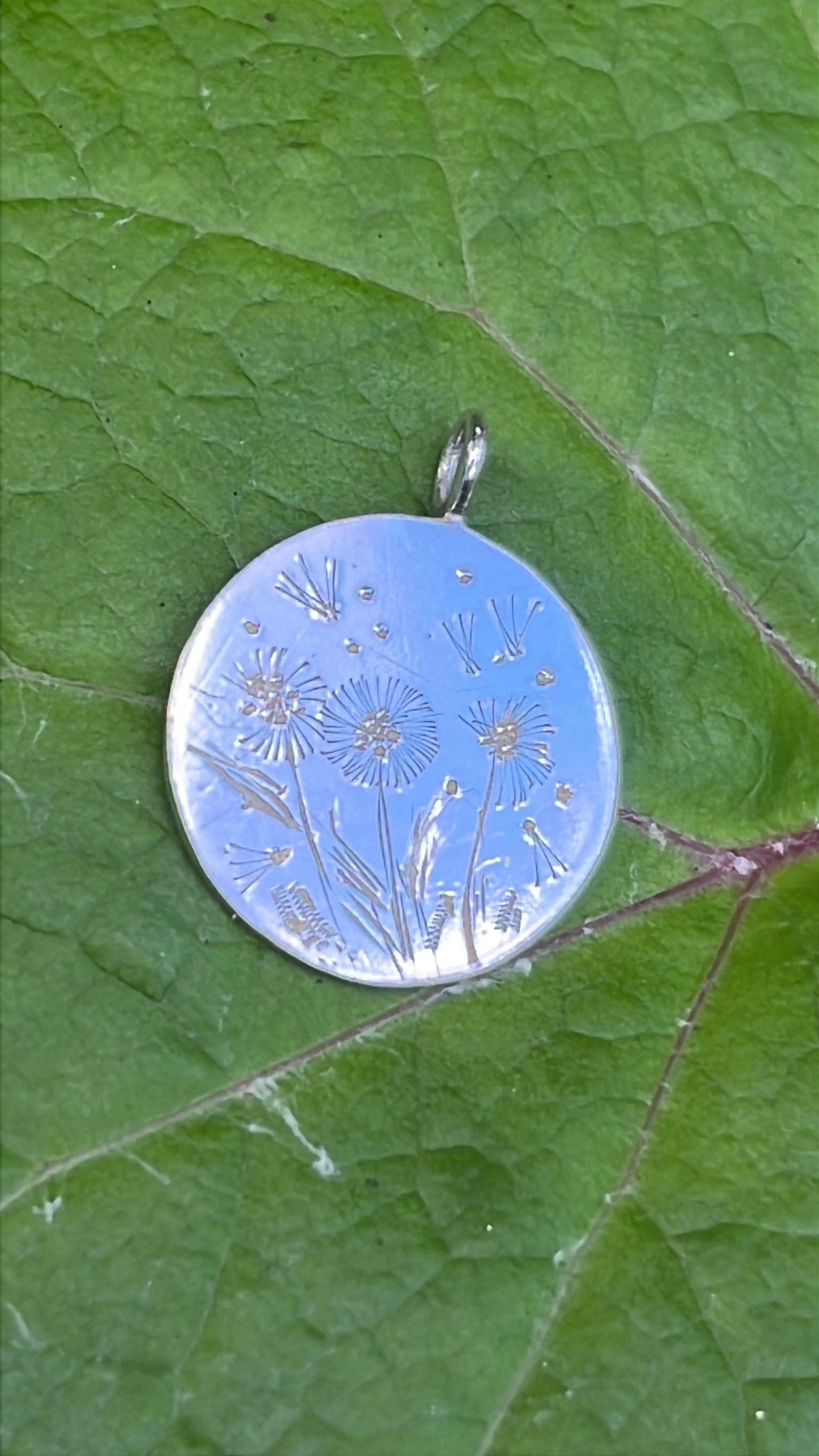 Hand engraved sterling silver pendant - Dandelion Puff