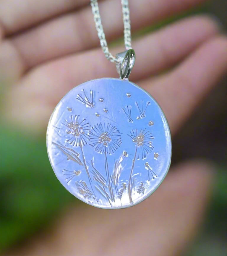 silver hand engraved 20mm disc with dandelion puff