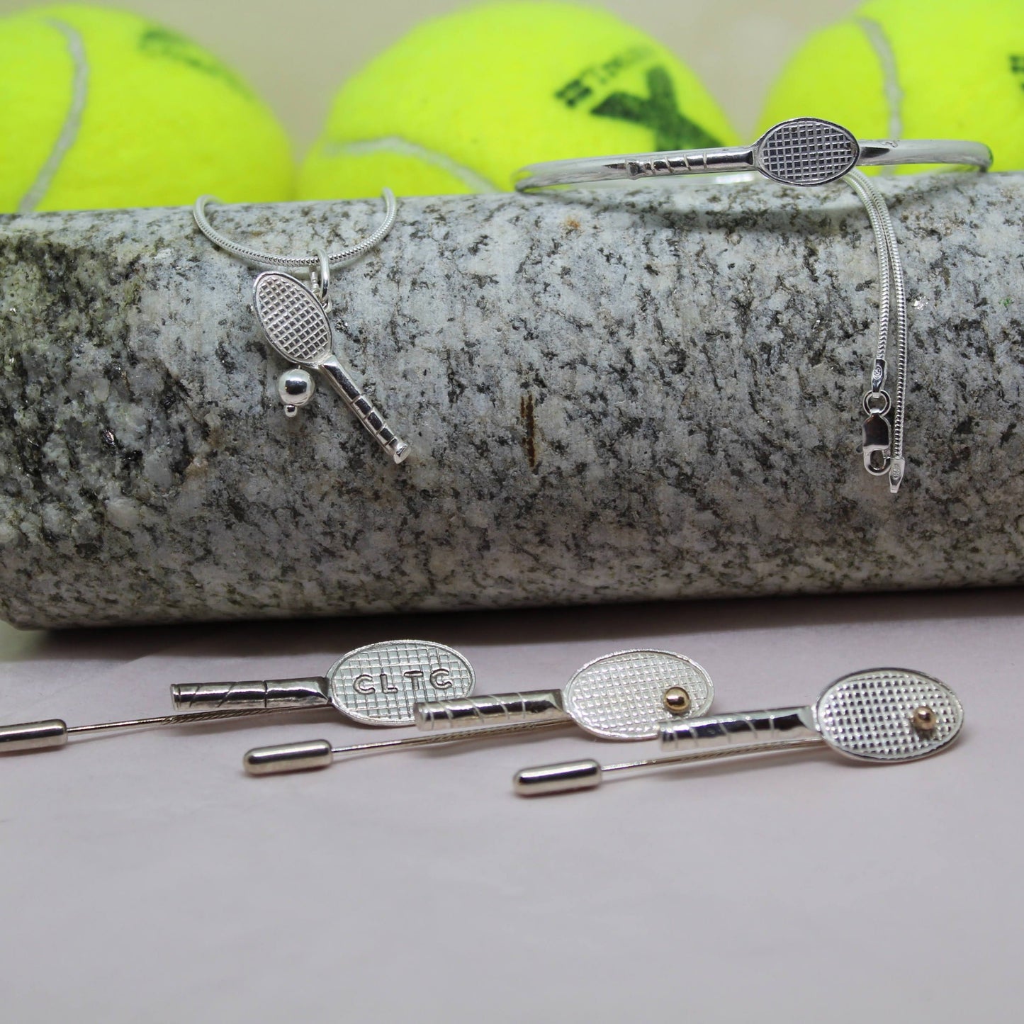 Handmade sterling silver tennis bracelet bangle pictured with yellow tennis ball also stick pins for tennis lovers