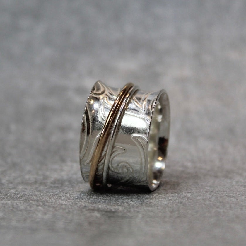 sterling silver spinner ring embedded lotus flower pattern finished beaded outer ring and gold filled outer ring