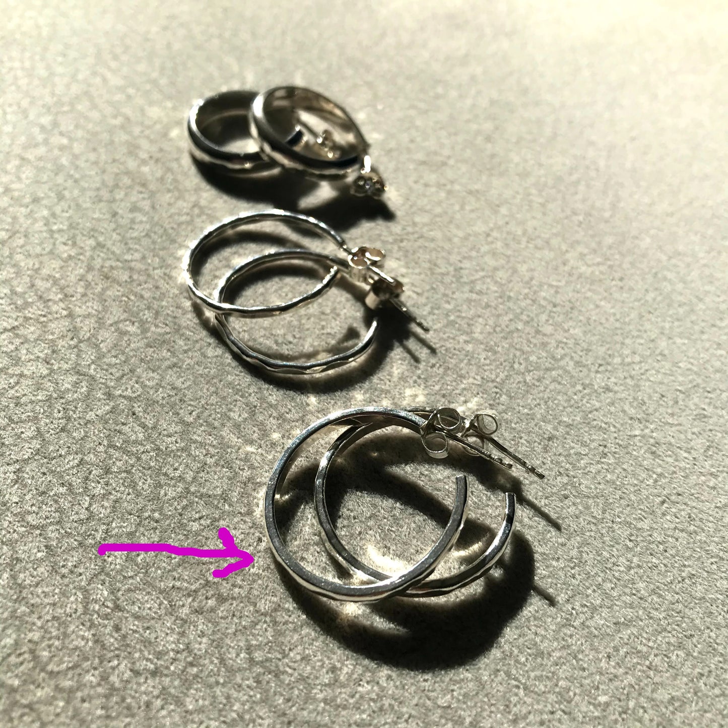 sterling silver handmade hoop style earrings various sizes 20mm 16mm 13mm hammered and mirror finish