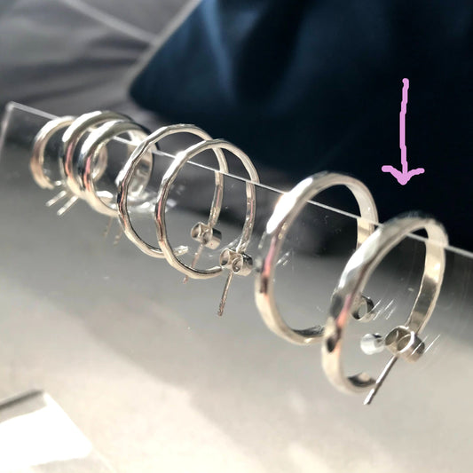 sterling silver handmade hoop style earrings various sizes 20mm 16mm 13mm hammered and mirror finish