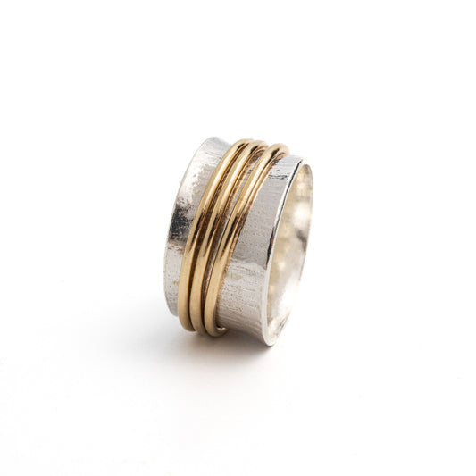 Handmade spinner ring BURREN sterling silver with three gold filled outer rings