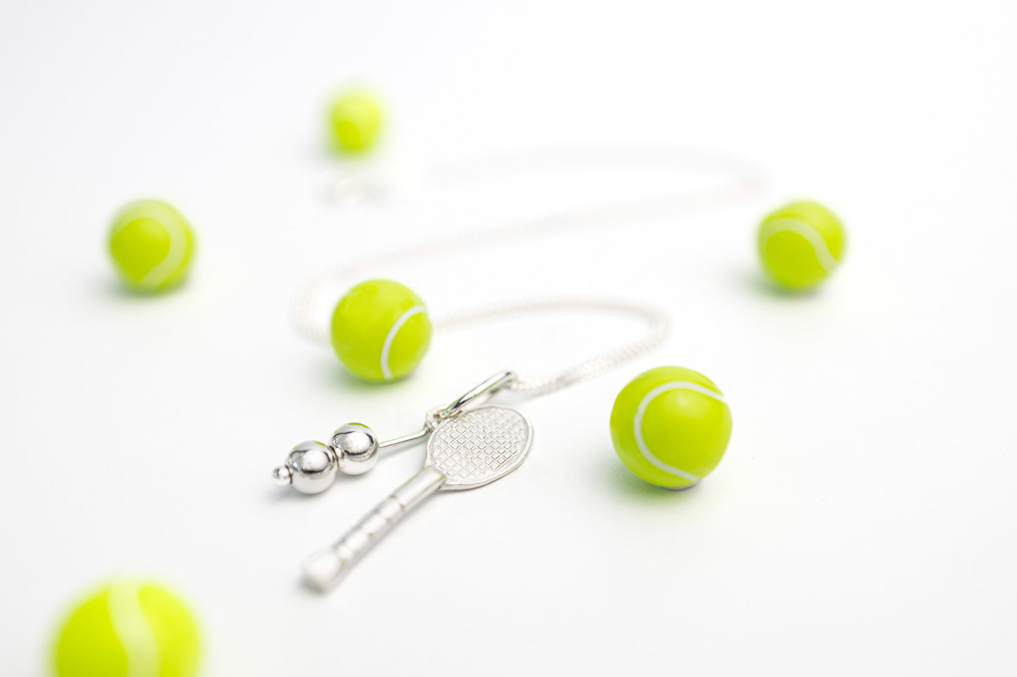 Tennis racket pendant necklace sterling silver with tennis balls decoration 
