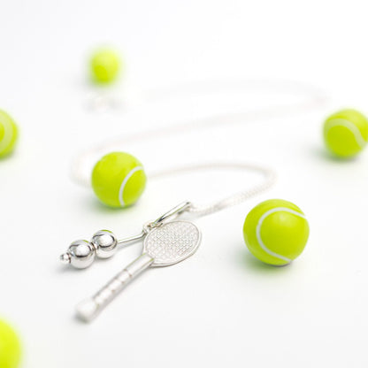 Tennis racket pendant necklace sterling silver with tennis balls decoration 