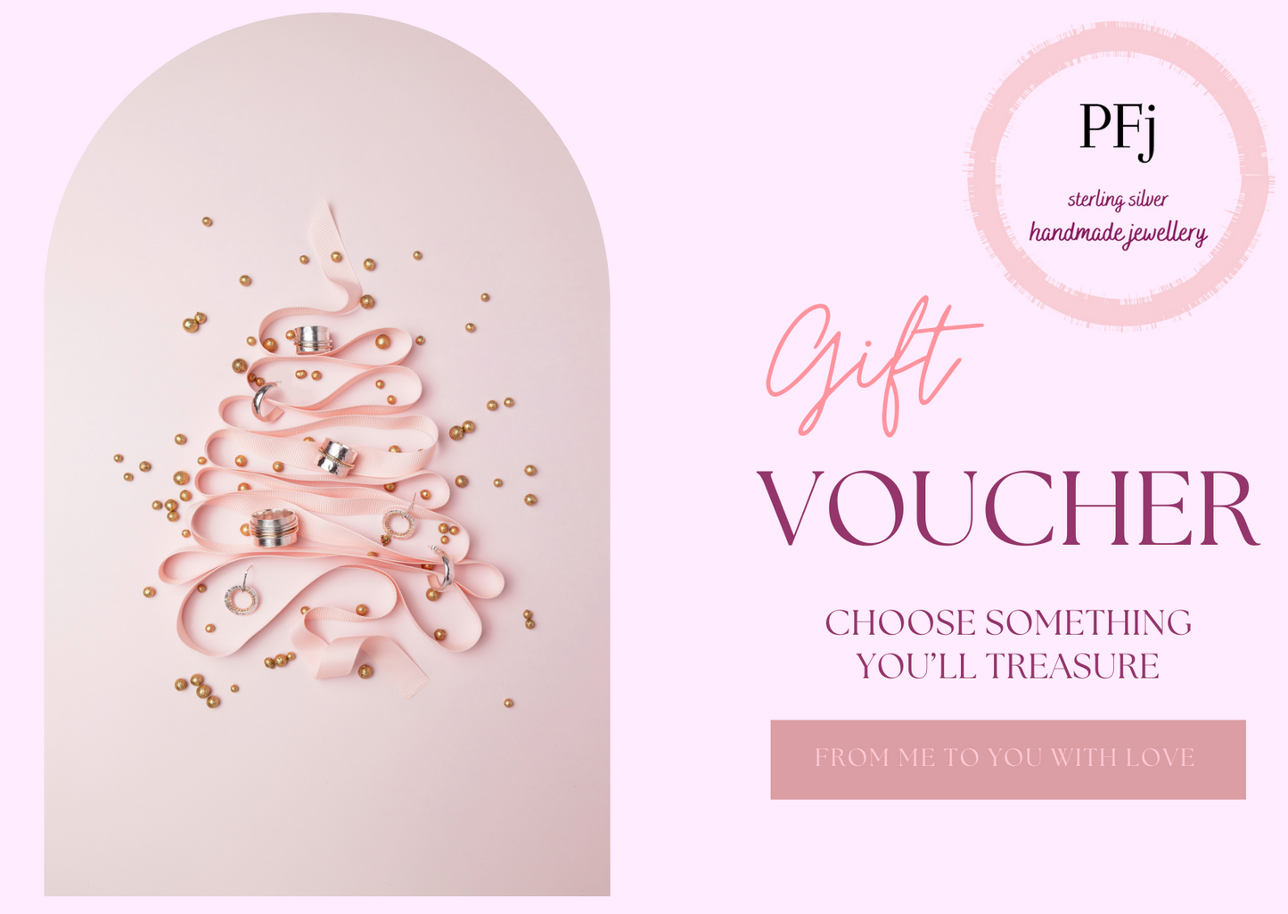 gift voucher pink with ribbon Christmas tree and some jewellery scattered on it