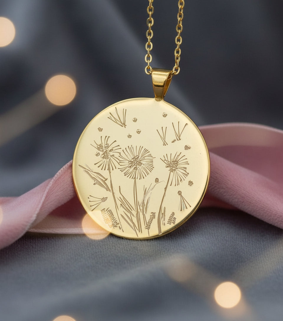 Silver necklace with a round pendant featuring engraved floral design on a blurred pink background