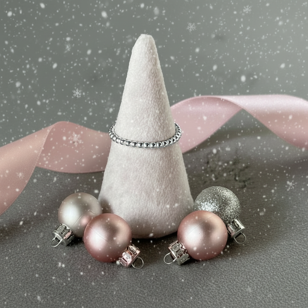 silver ring on a  pink velvet cone