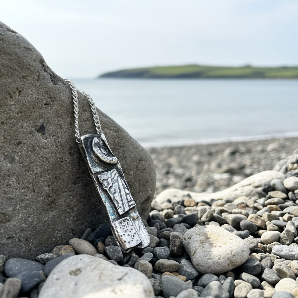 Silver pendant with intricate design on a stone surface