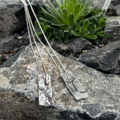Silver brooches on a rocky surface with a small plant