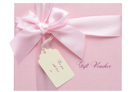 Pink gift voucher with a bow and tag on a white background