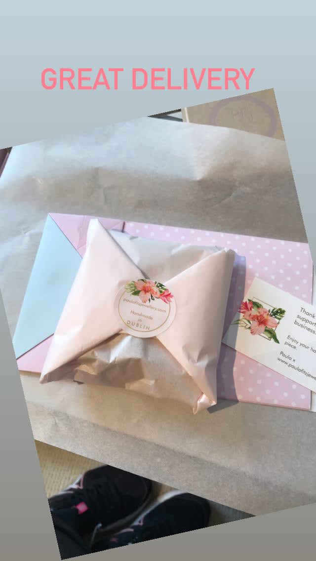 beautiful packaging pink tissue paper with white spots floral sticker thank you for supporting my small Irish business Eco friendly box with black velvet insert