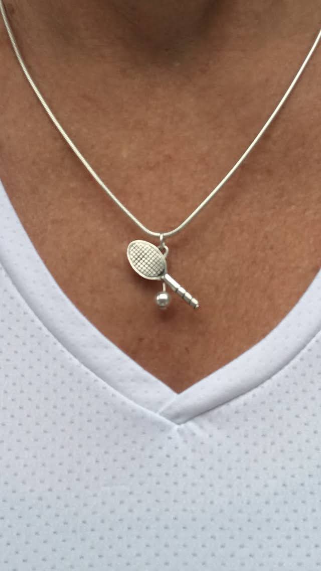 White tennis V-neck  T-shirt showing sterling silver tennis racket pendant on a 45cm 18" sterling silver snake chain - hand made