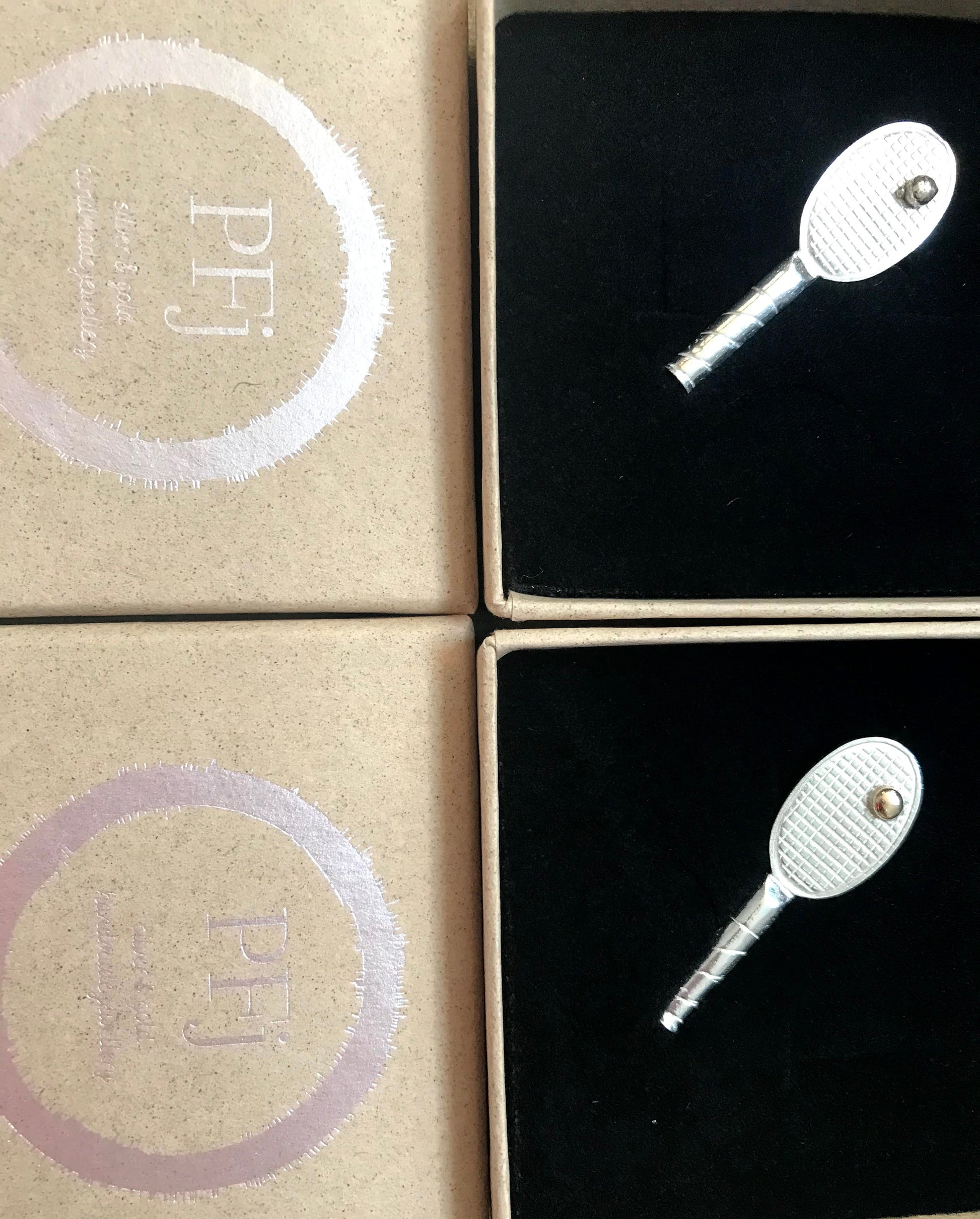 Sterling silver handmade tennis racket stick pin with packaging - PFj box logo with black velvet insert